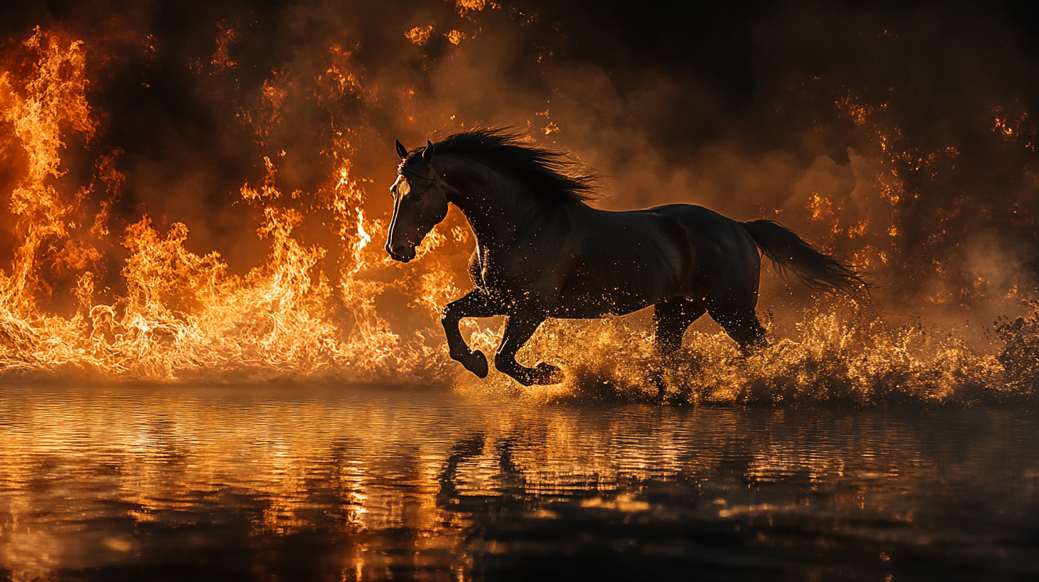 Horse galloping on water with dancing flames background - intense.