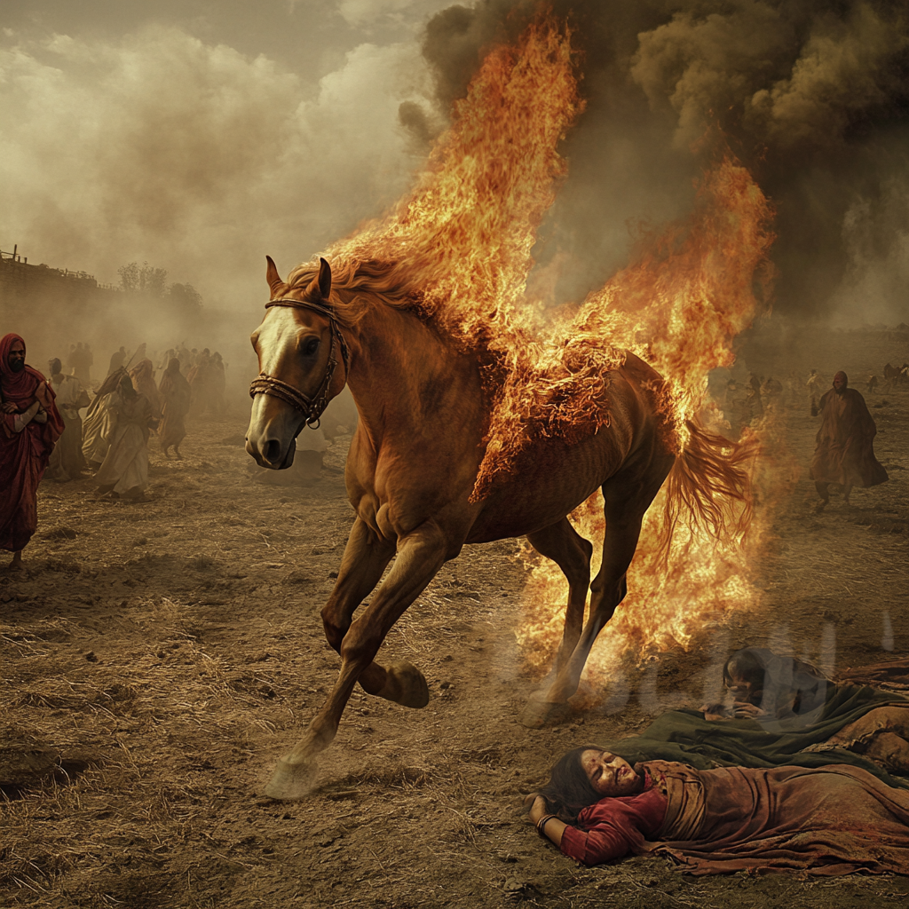 Horse on fire running through battlefield. Sikh women children.