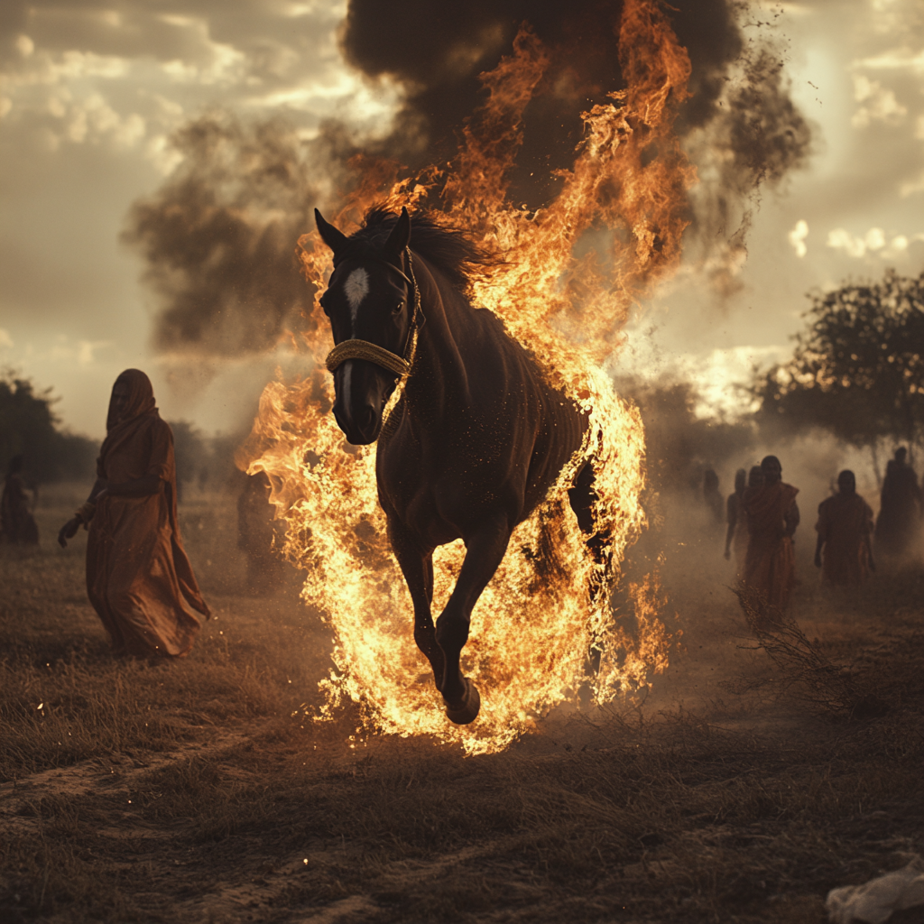 Horse on fire runs through burning field, Sikh women.