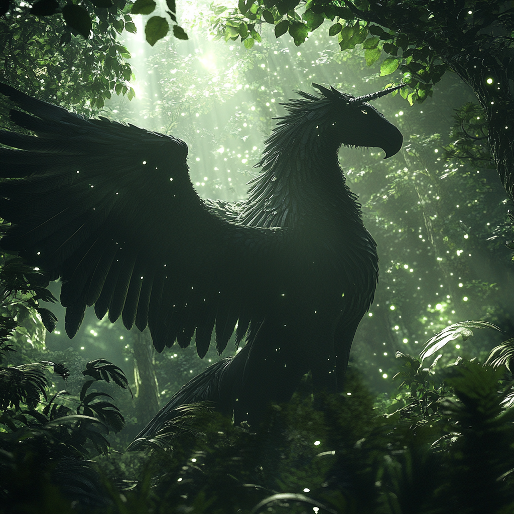 Horse with eagle head and big wings in forest.