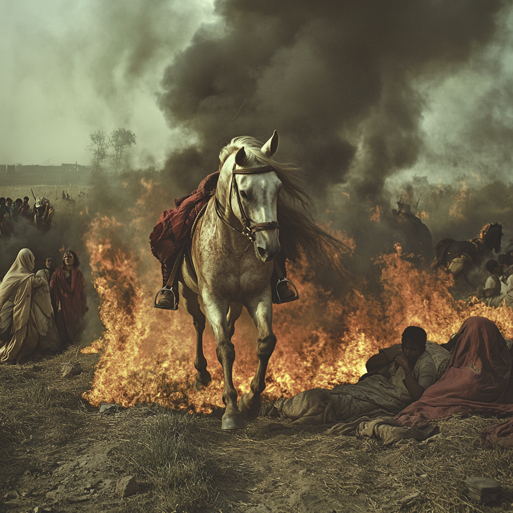 Horse with flames, running in Punjab battlefield, women down.