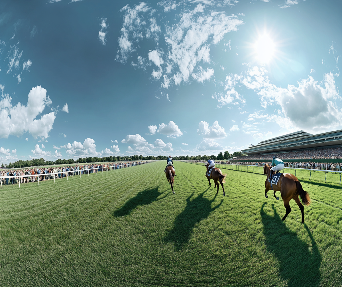 Horses racing on grass track in London.