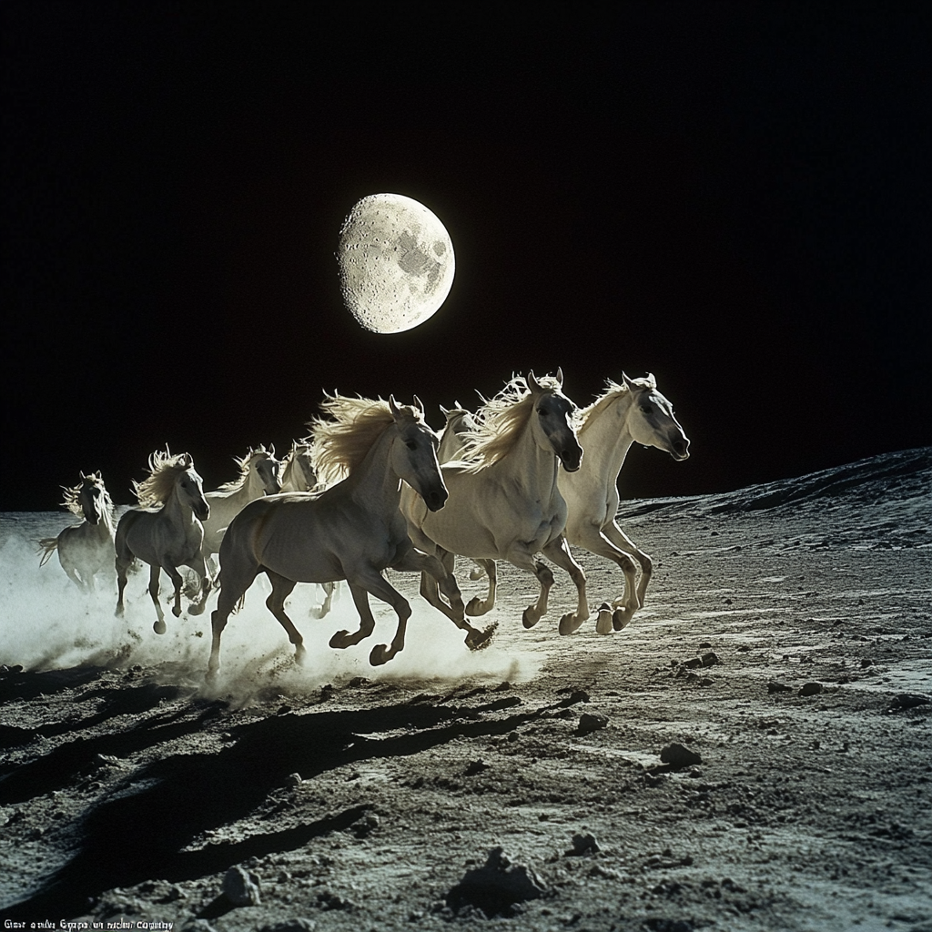 Horses running on moon, with atomic explosion in background