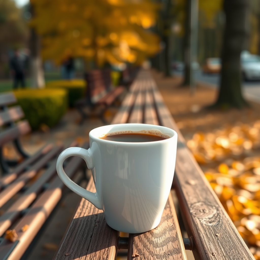 Hot Coffee Cup on Autumn Park Bench