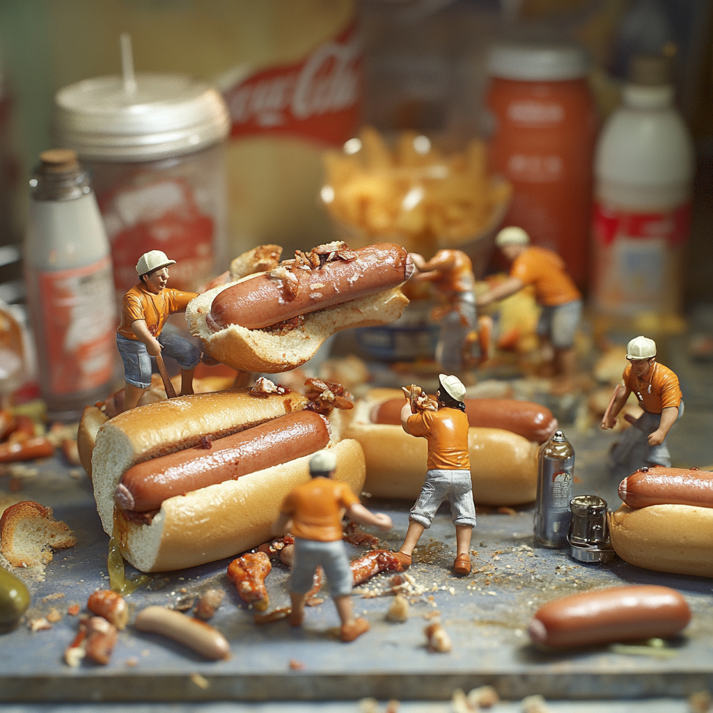 Hotdog people arranging objects in strange diorama scene