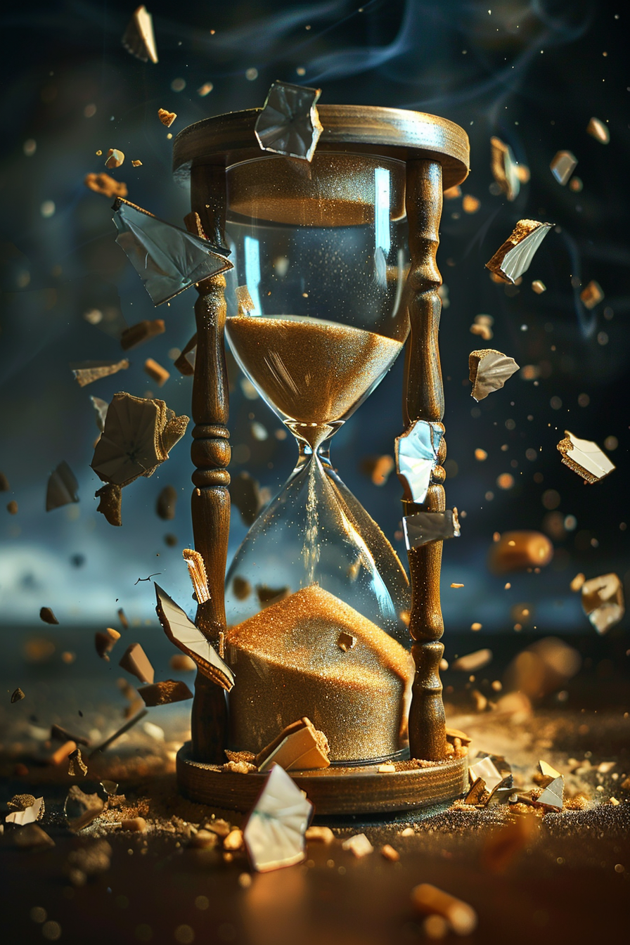 Hourglass breaking, sand spilling, new one forming. Time heals.