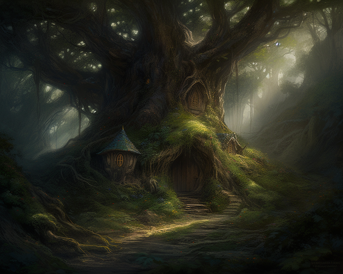 House in tree, fantasy lair for troll, hobbit.