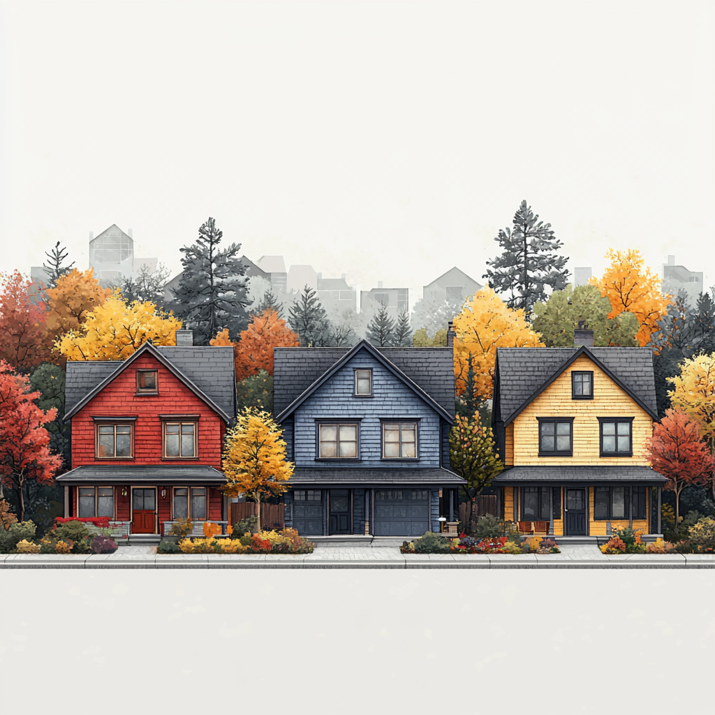 Houses in row painted with two colors each.