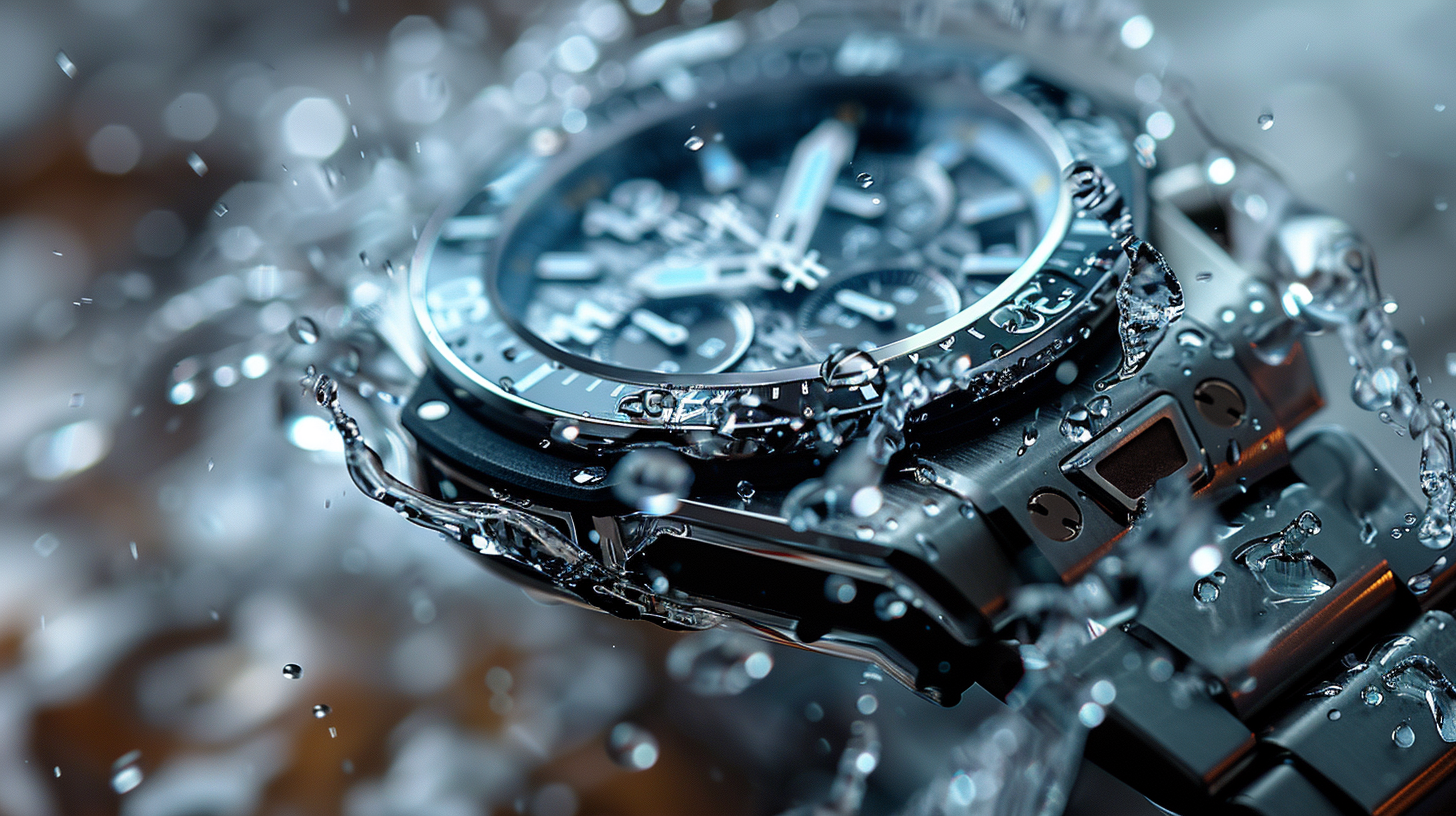 Hublot-style luxury watch dissolving into water droplets.