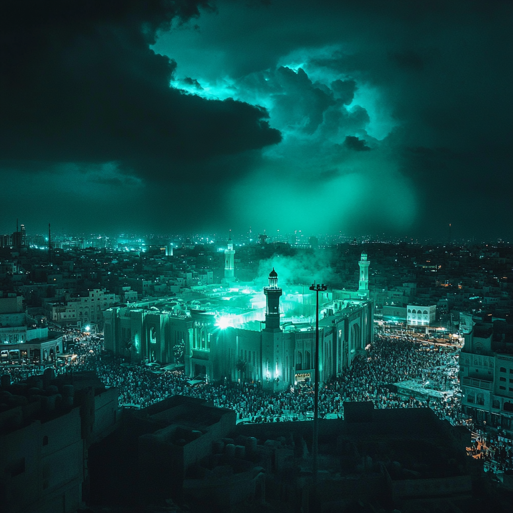 Huge Neon Green Spotlight Illuminating Historical Jeddah albalad 