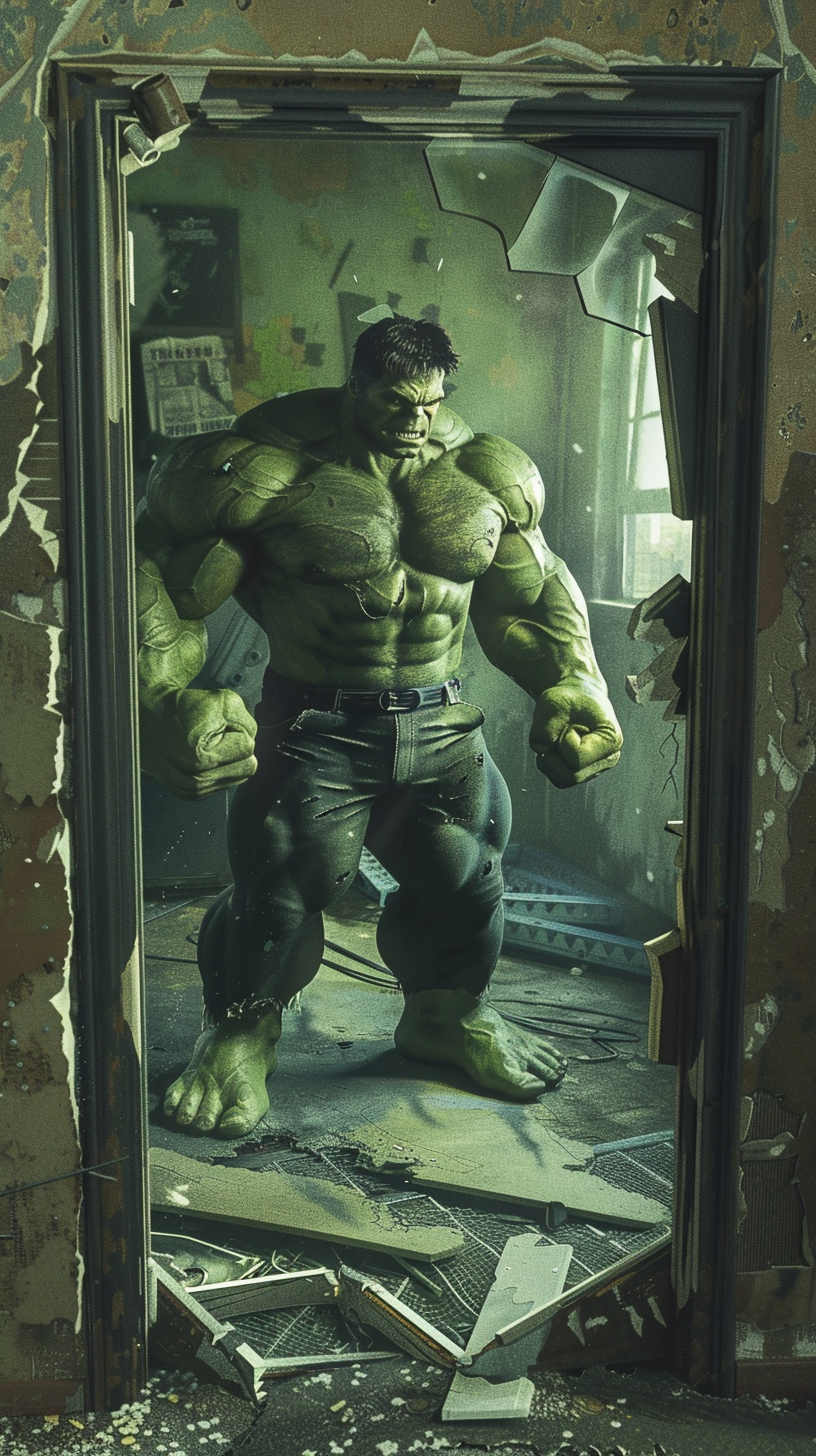 Hulk in Shattered Doorway, Lifting Weights Intensely