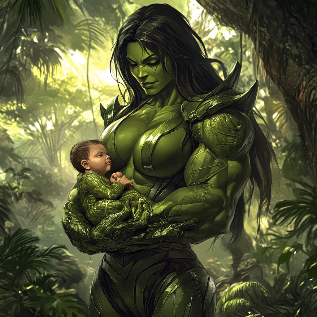 Hulk-like female holding baby in tranquil jungle setting.