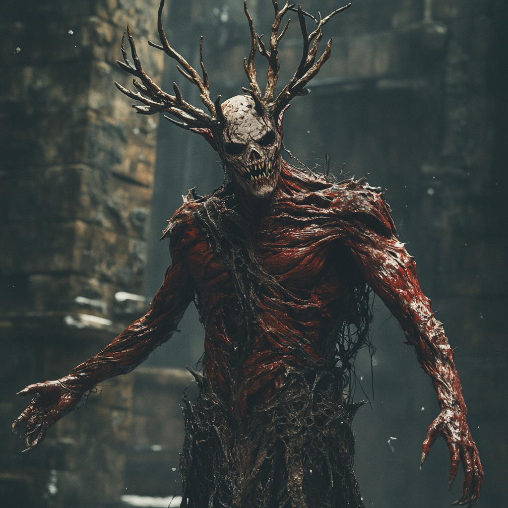 Hulking inhuman warlock with antlers in dark fantasy