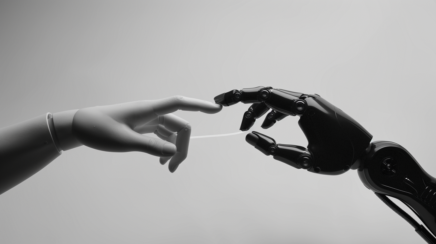 Human and robot hands touching, connection symbolized