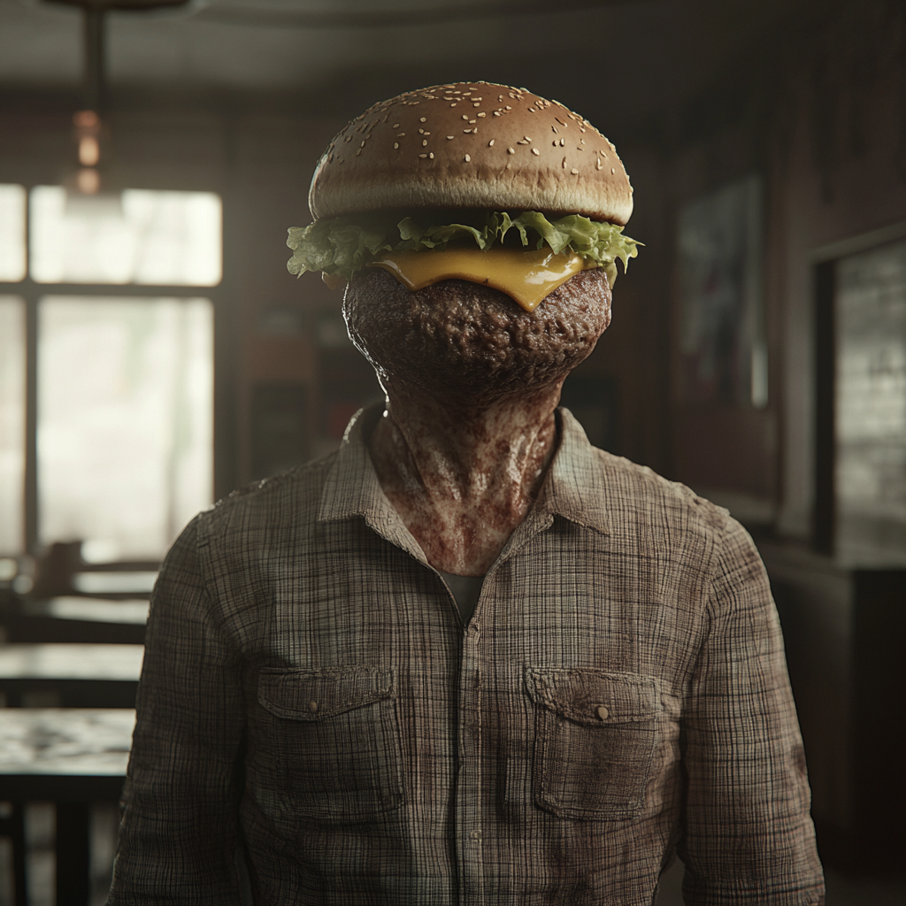 Human body with hamburger head, face integrated. Surreal scene.