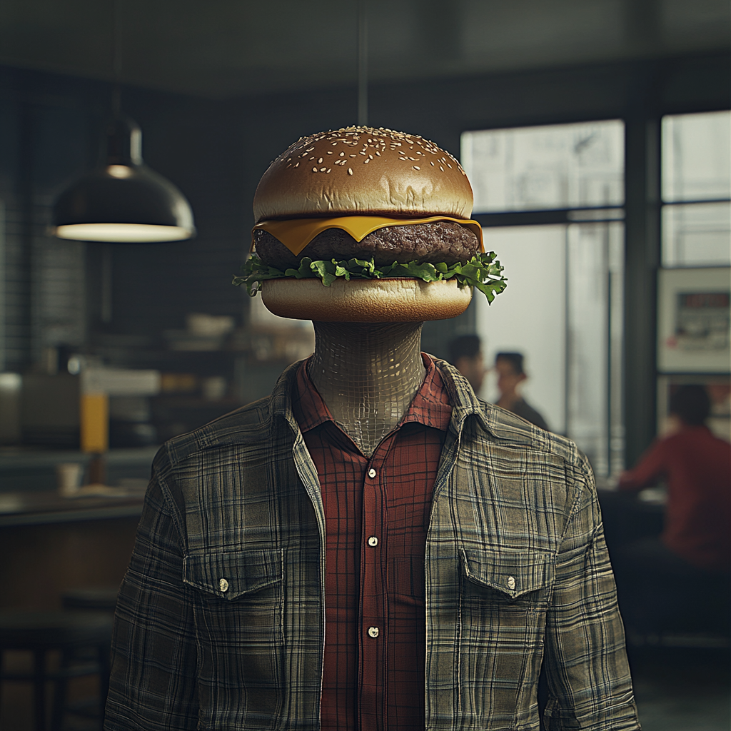 Human body with hamburger head blends seamlessly together visually.