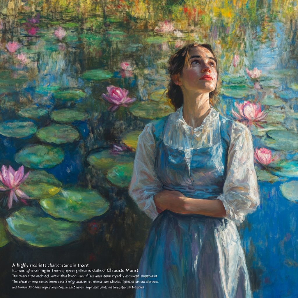 Human character in Monet style background, serene reflection.