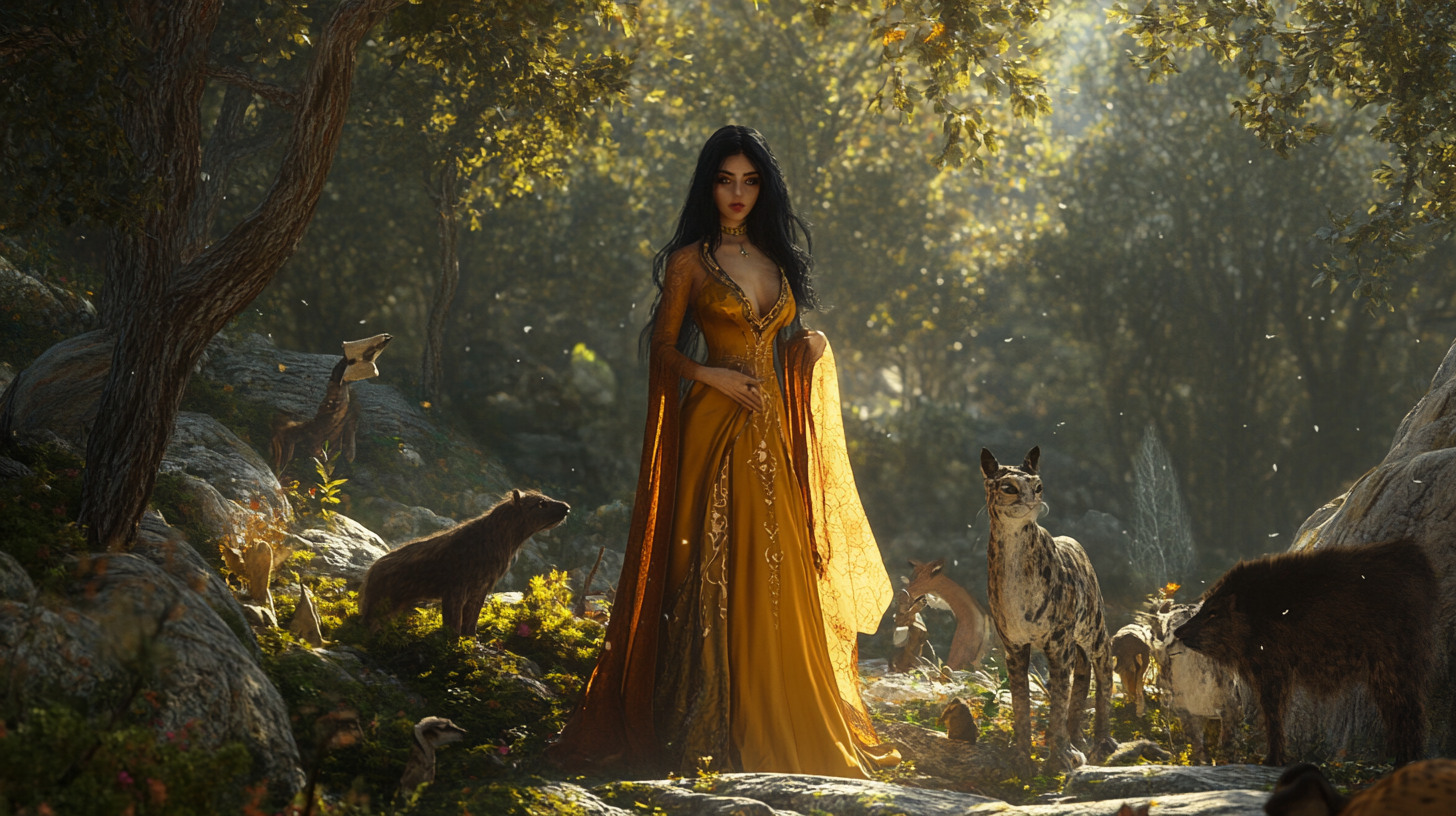 Human druid princess in forest ballgown with animals.