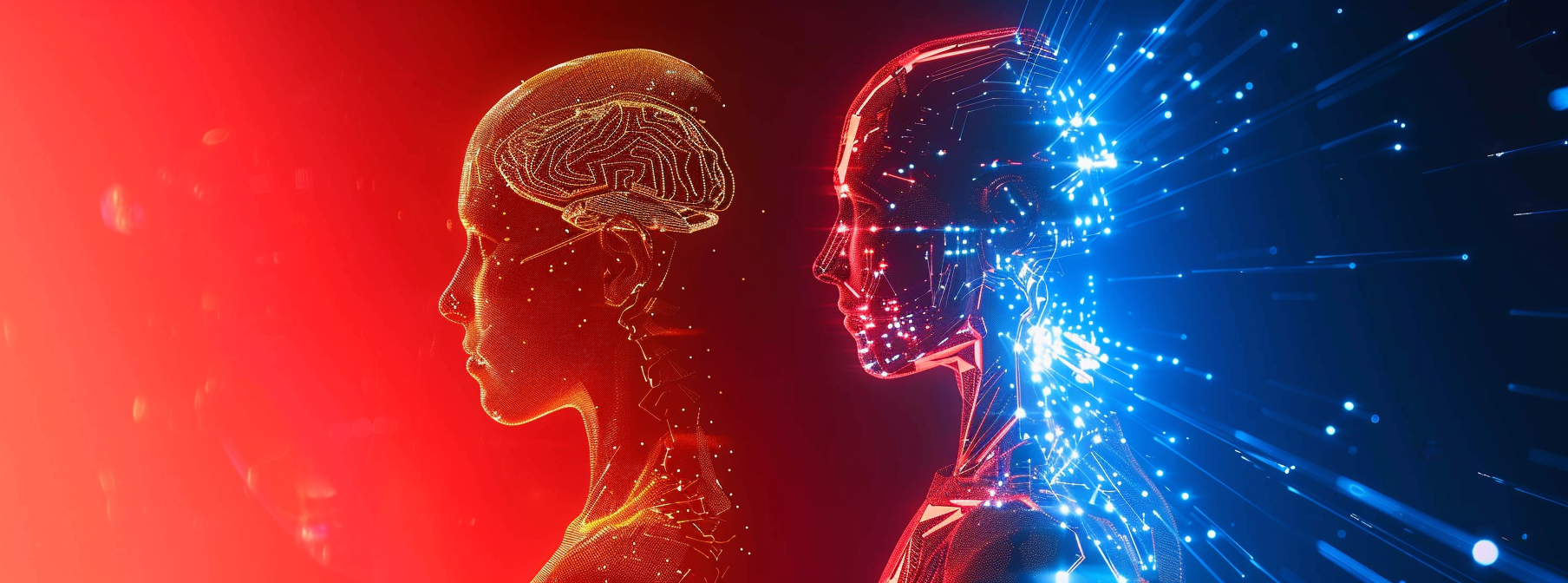 Human energy form and robot, red and blue background.