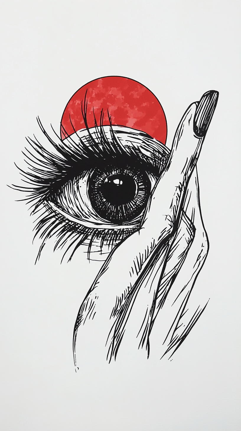 Human eye drawing with long lashes poked by finger.