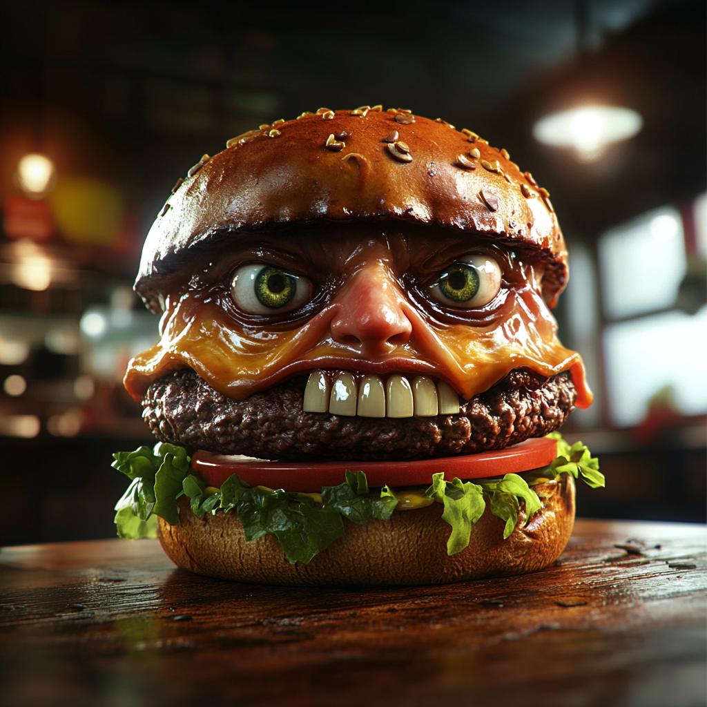 Human face on burger with body in clothes.