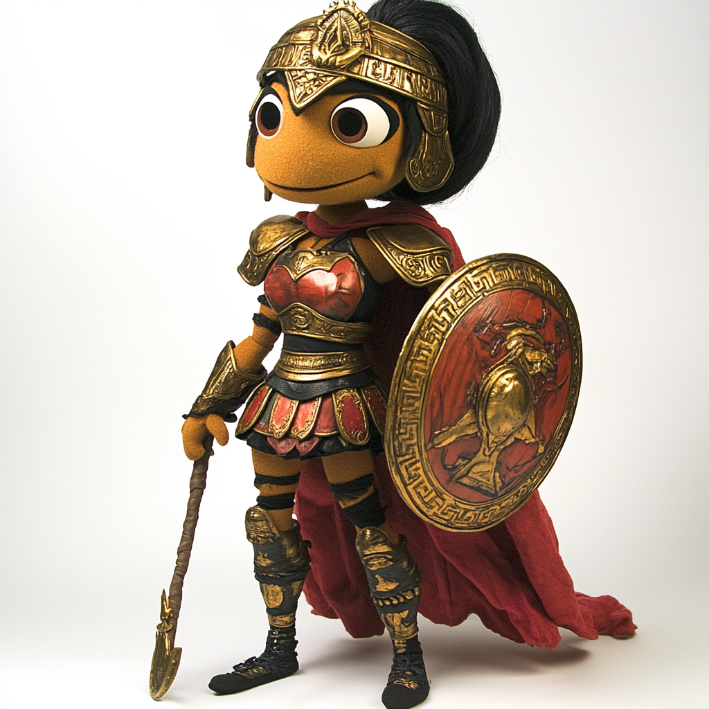 Human muppet puppet of Lady Sparta in red armor.