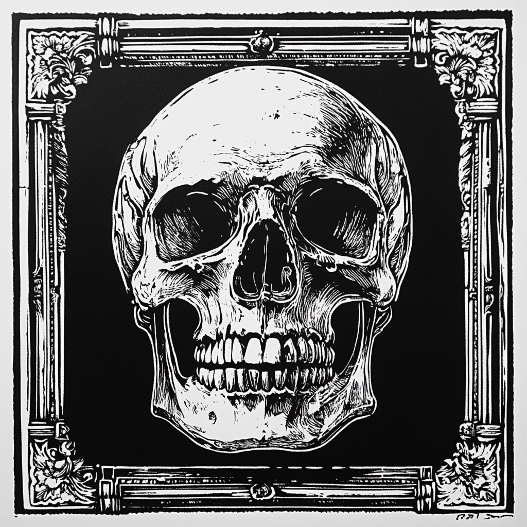 Human skull with architectural elements, monocromatic linocut print style.