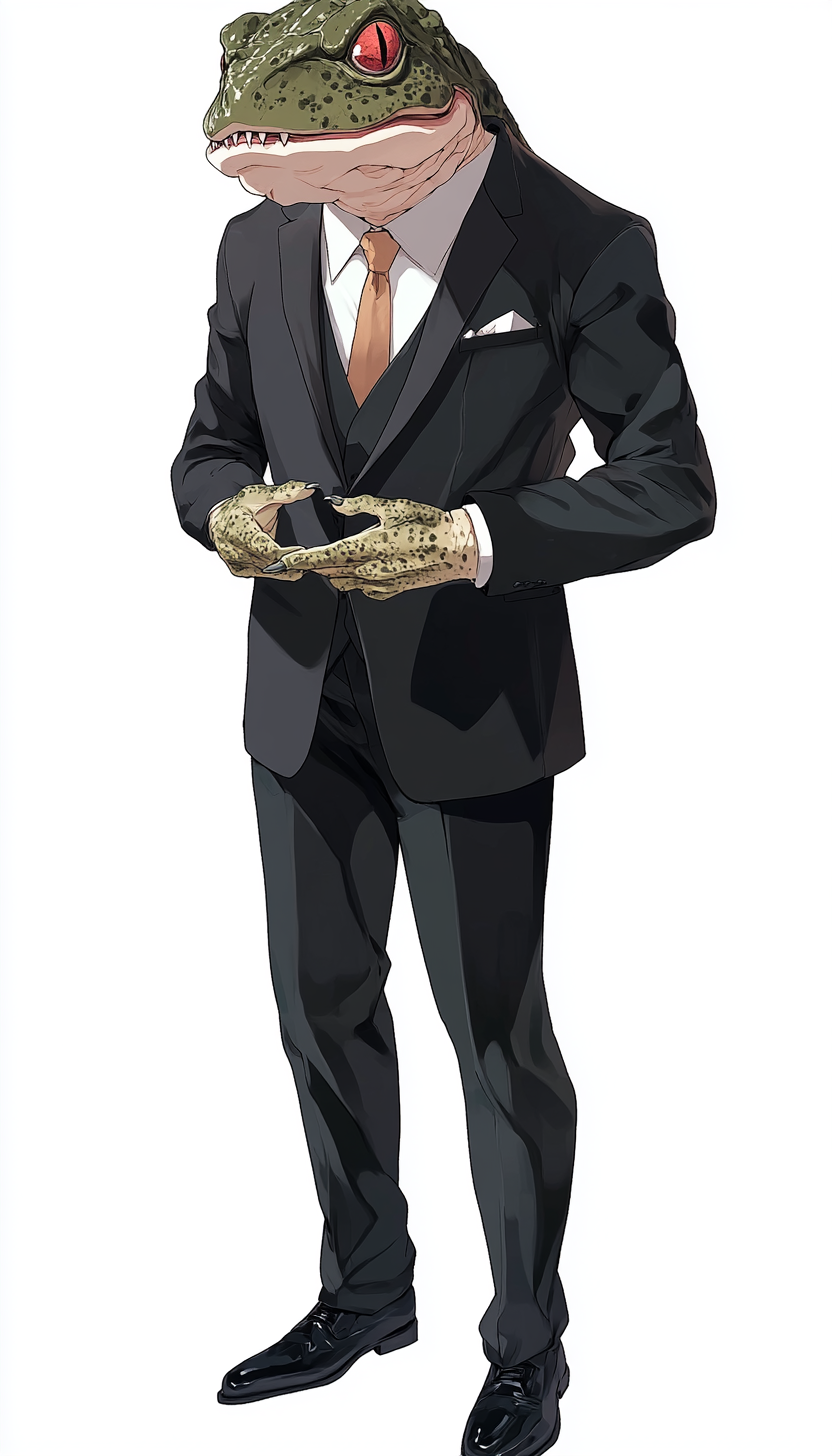 Human with toad head in suit, striking anime pose.