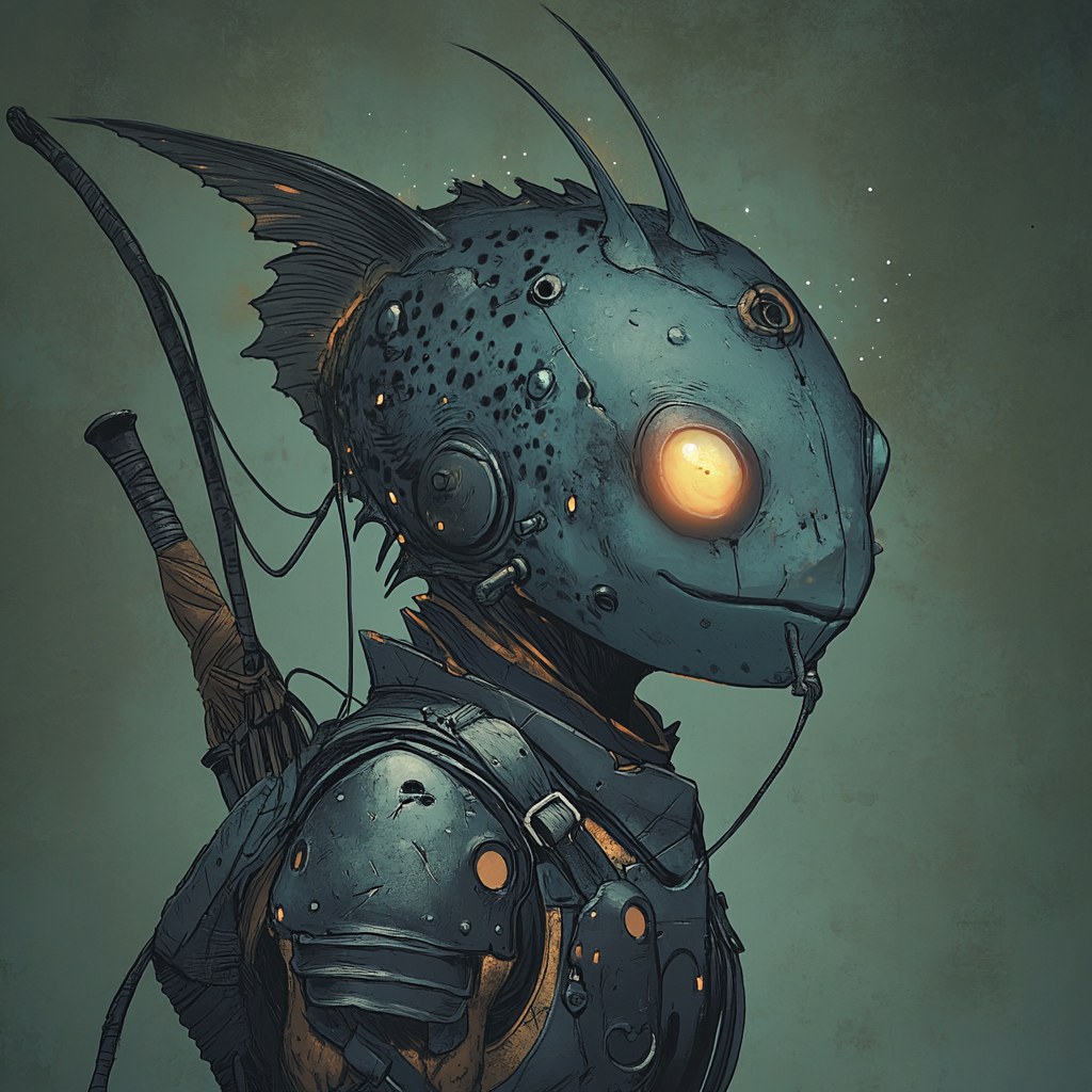 Humanoid anglerfish warrior with bioluminescent lure and crossbow