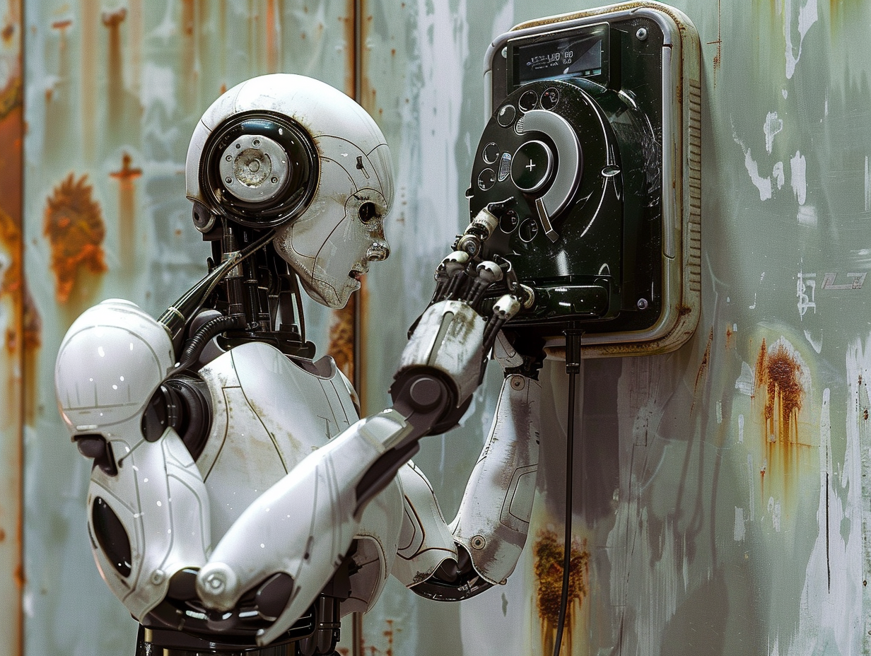 Humanoid robot using vintage telephone in futuristic setting.