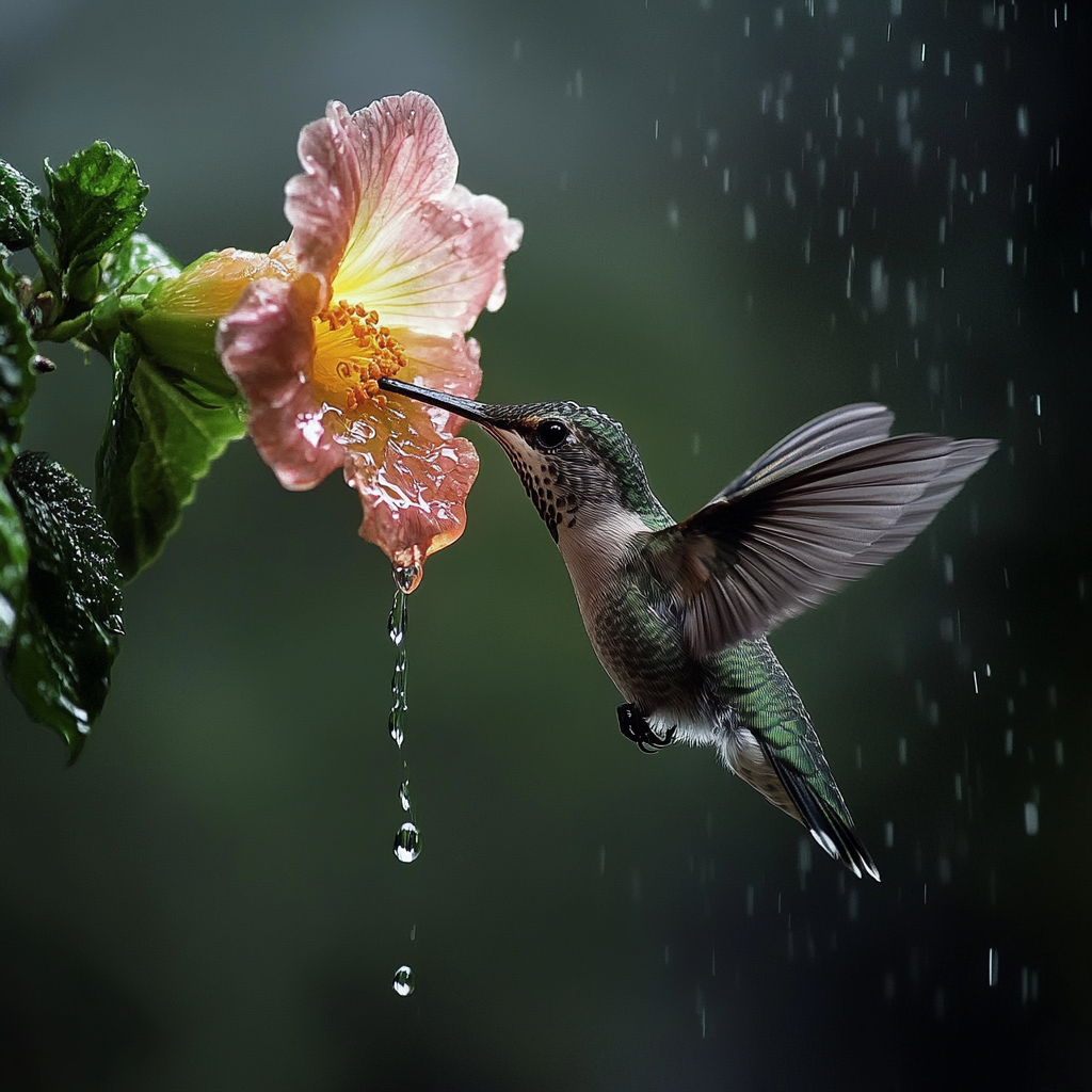 Hummingbird drinks water from flower puddle after rain.