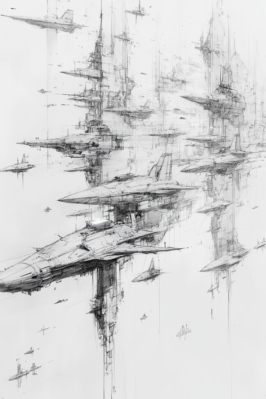 Hundreds of war spacecrafts in rough sketch drawing.