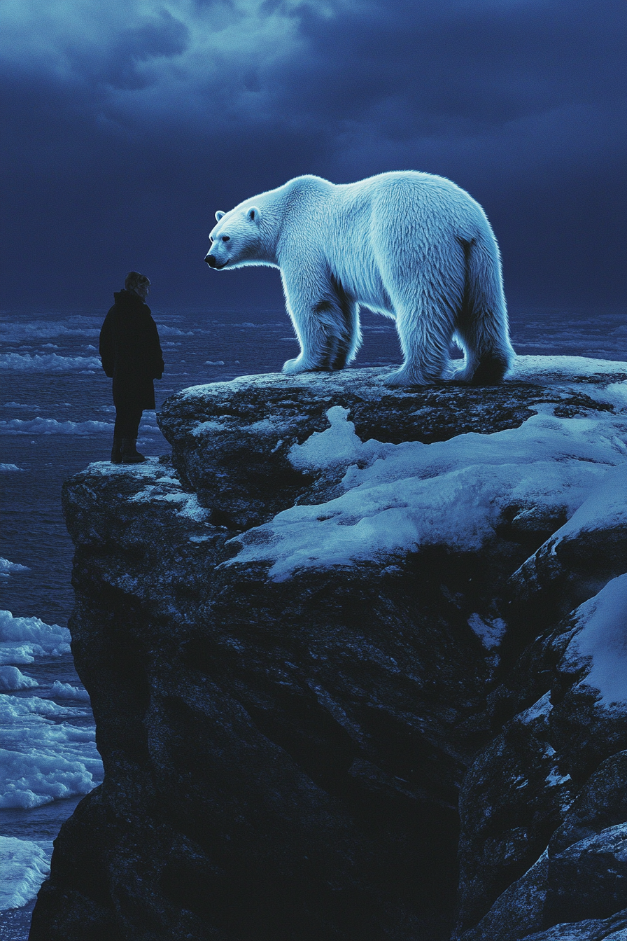 Hungry, lonely polar bear silhouette on dark horizon.