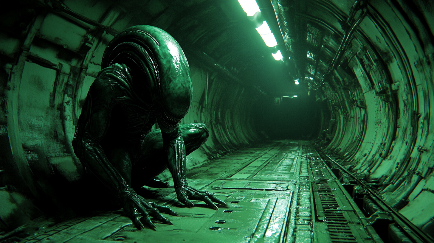 Hungry alien xenomorph crouching in dark spaceship tunnel.