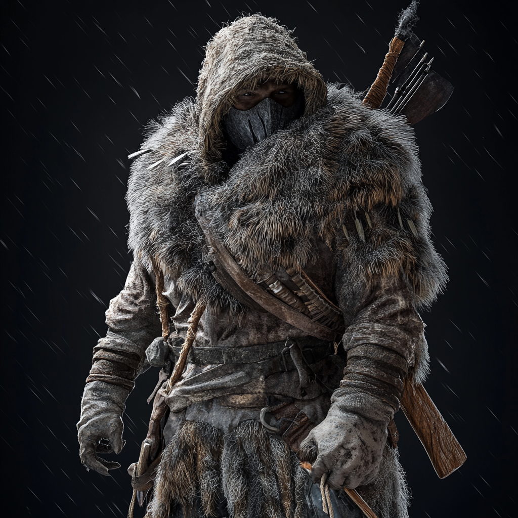 Hunter in fur clothing with weapons in frozen tundra.