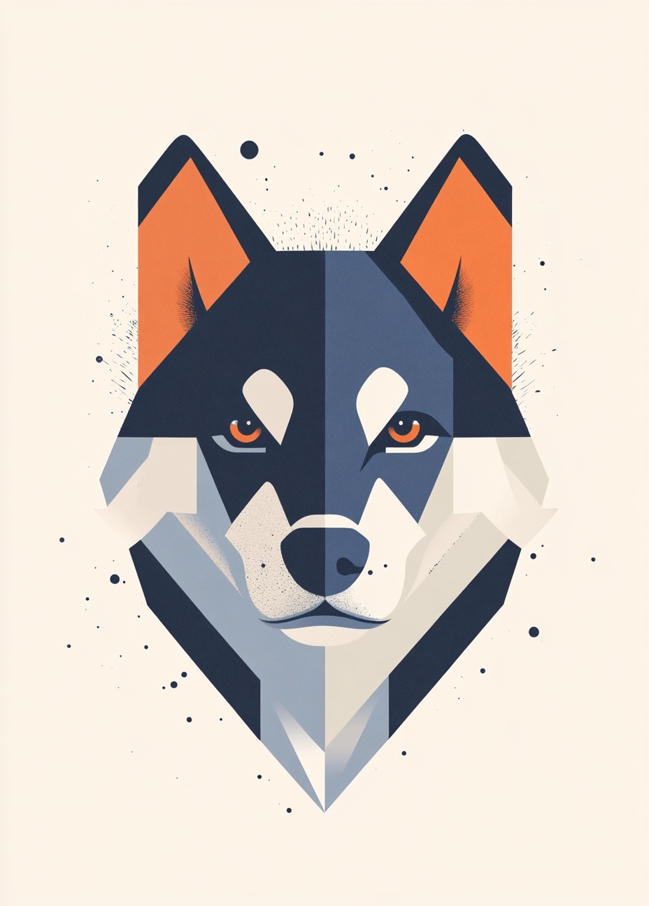 Huskie head in simple style with geometric shapes.