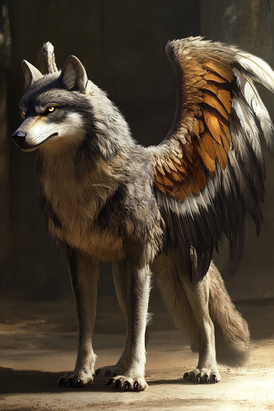 Hybrid creature with wolf body, eagle wings. Sky graceful.