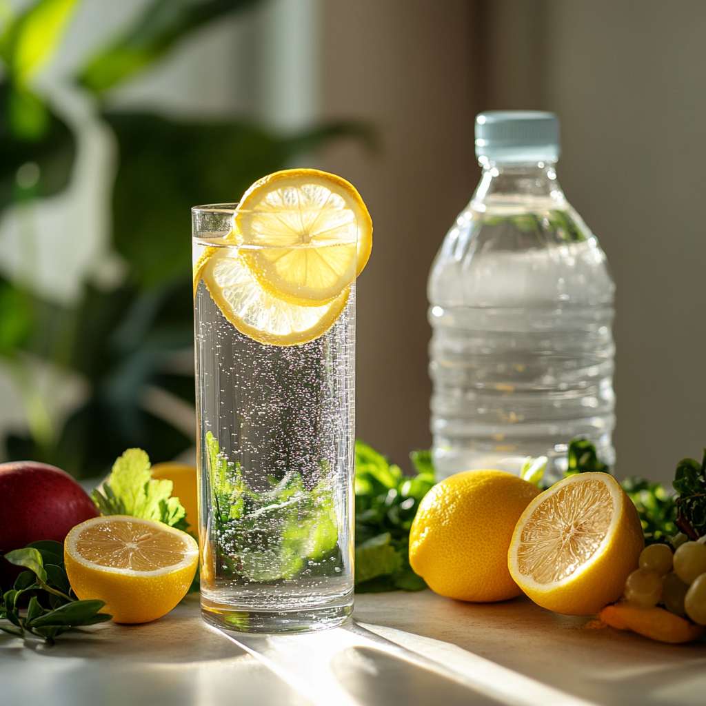 Hydrating glass of water with lemon slice and droplets.