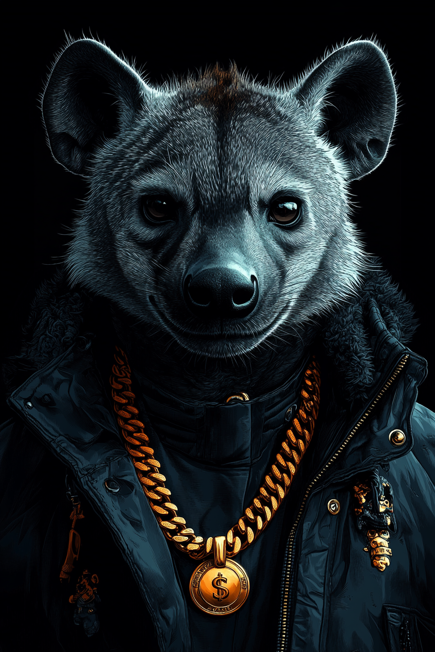 Hyena wearing gold chain in black background