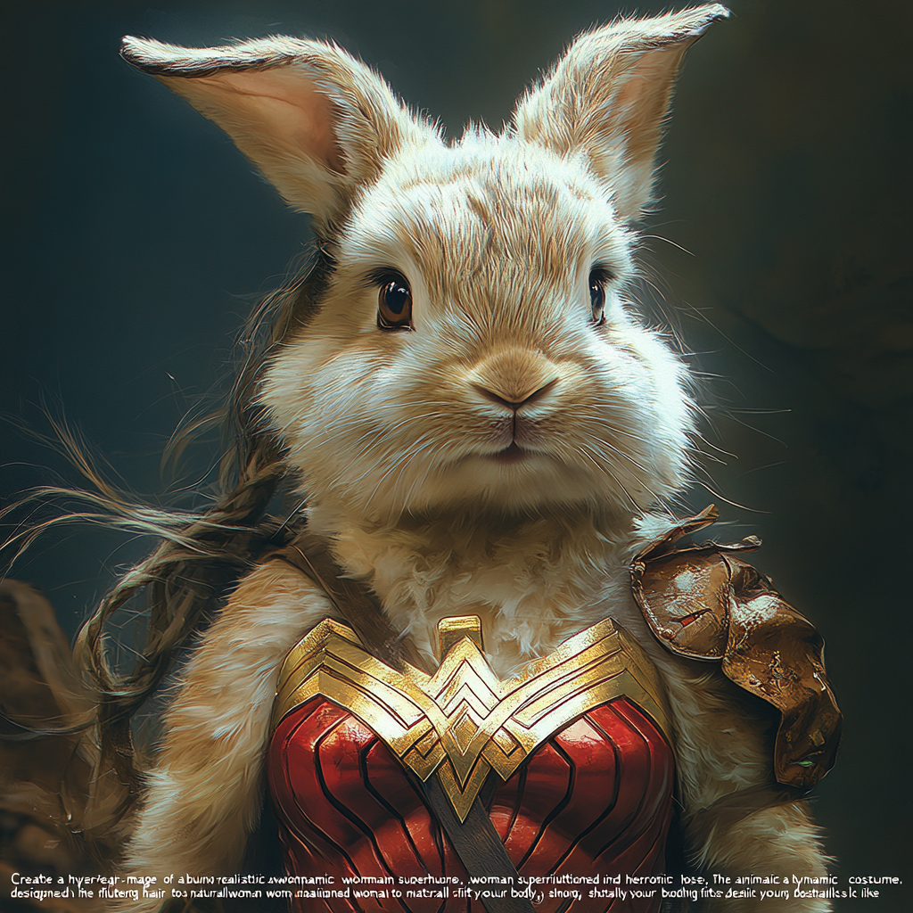 Hyper-Realistic Bunny in Wonder Woman Costume Superhero Pose