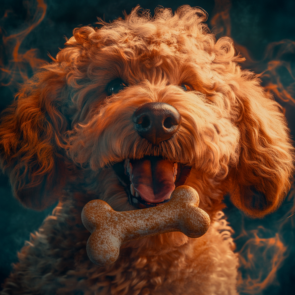 Hyper Realistic Golden Doodle with Bone 8K Photo