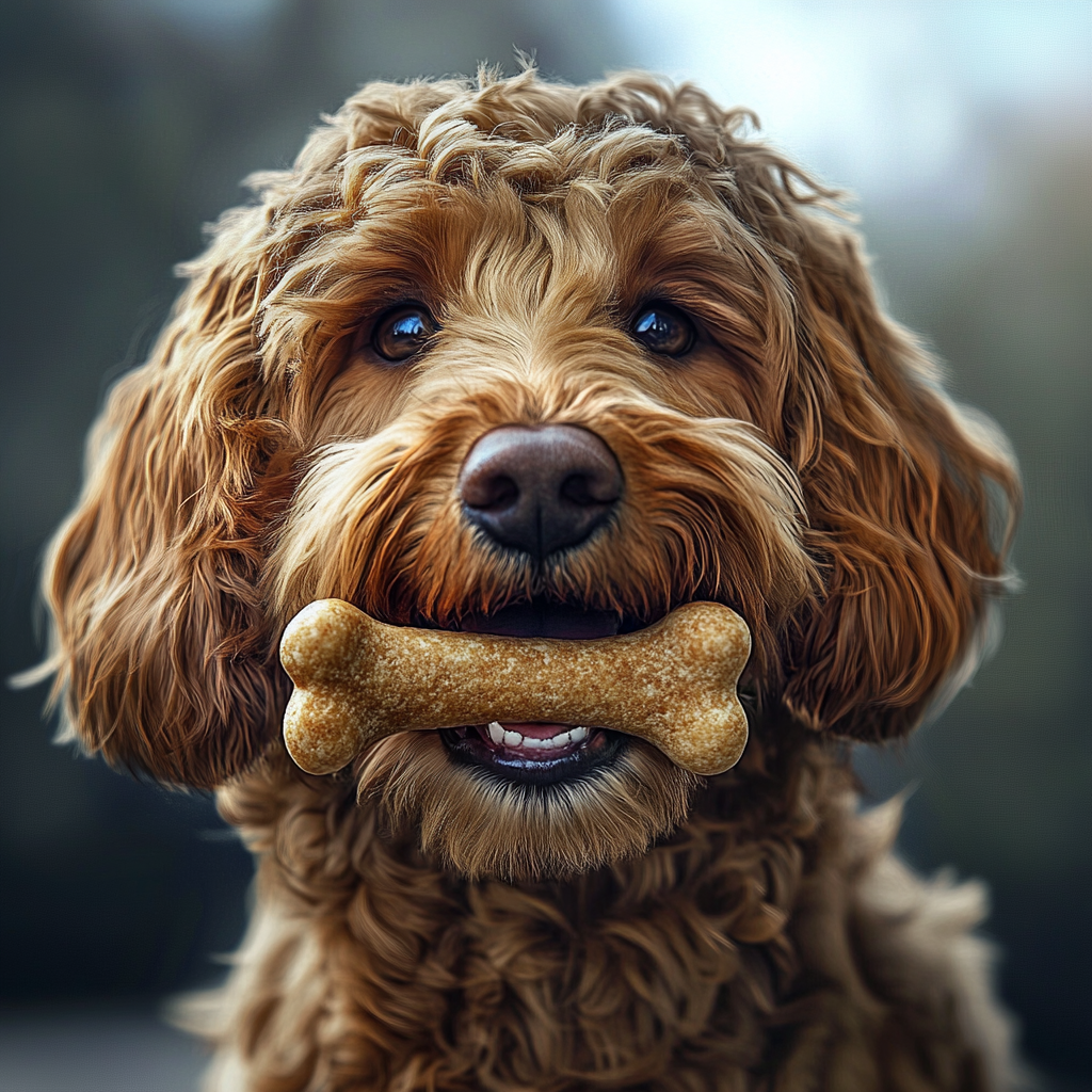 Hyper Realistic Golden Doodle with Bone in Futuristic Style