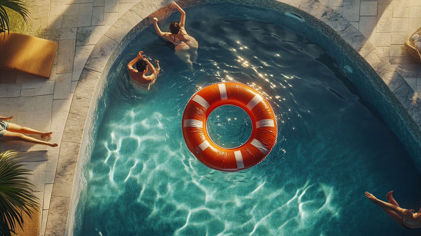 Hyper Realistic Sunset Pool Scene with Soda Can Life Preserver in 4K