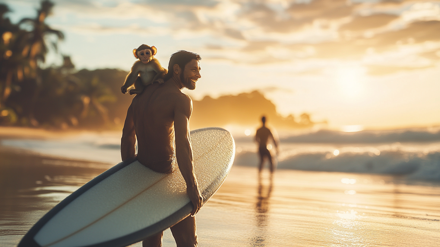 Hyper Realistic Surfer with Happy Monkey at Sunset