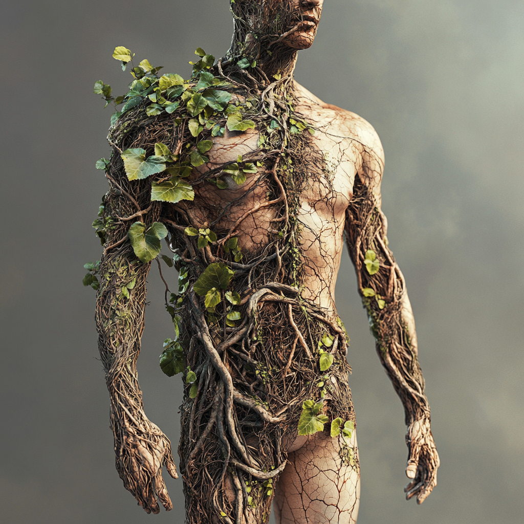 Hyper-realistic 3D image merging human anatomy with plants.