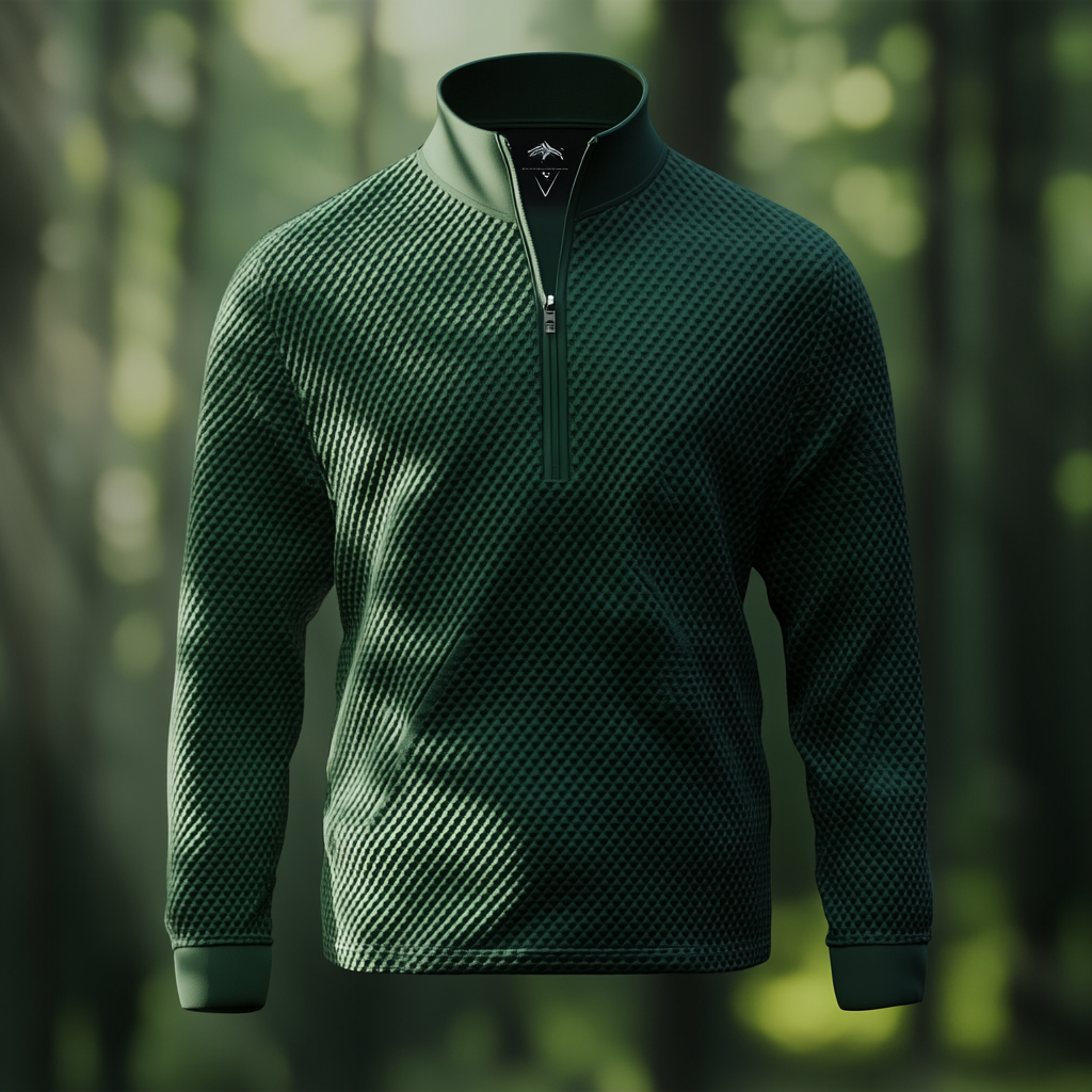 Hyper realistic 3D image of unique dark green quarter zip jacket inspired by Tiger Woods