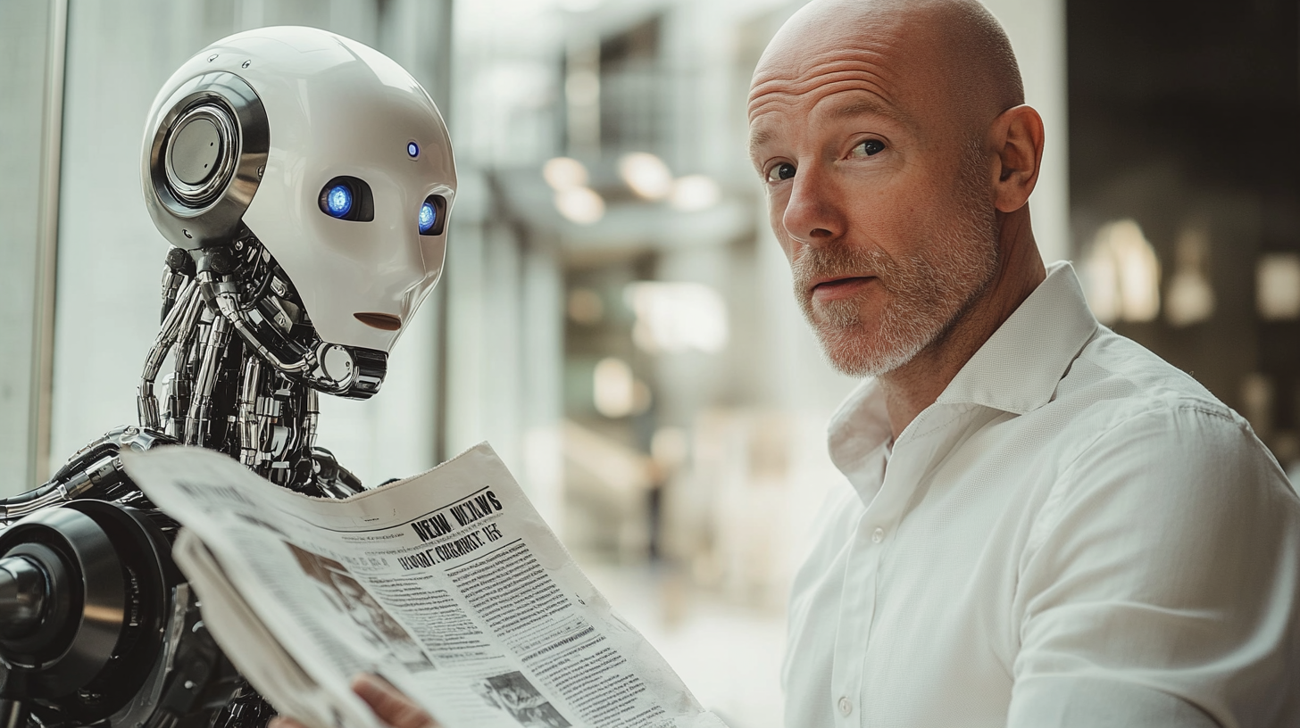 Hyper realistic AI robot giving newspaper to bald Swedish man.