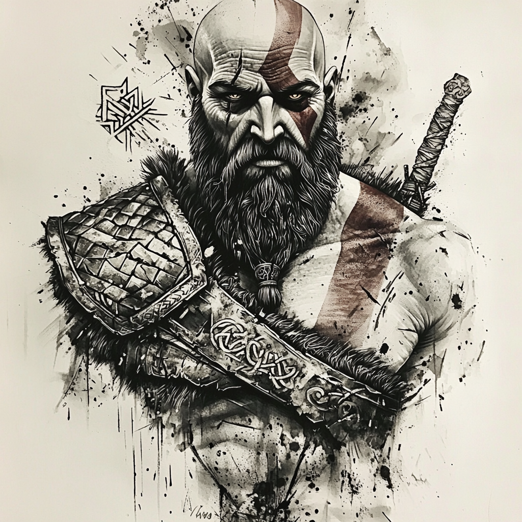 Hyper-realistic Kratos tattoo design, Norse mythology elements included.