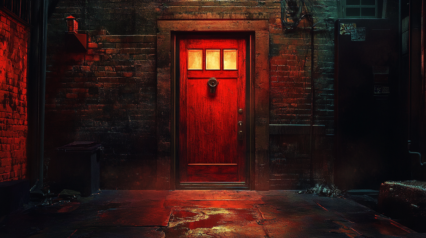 Hyper realistic New York alleyway with glowing red door