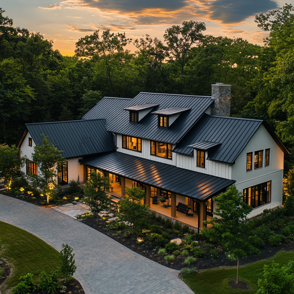 Hyper realistic aerial view of modern farmhouse with landscaping